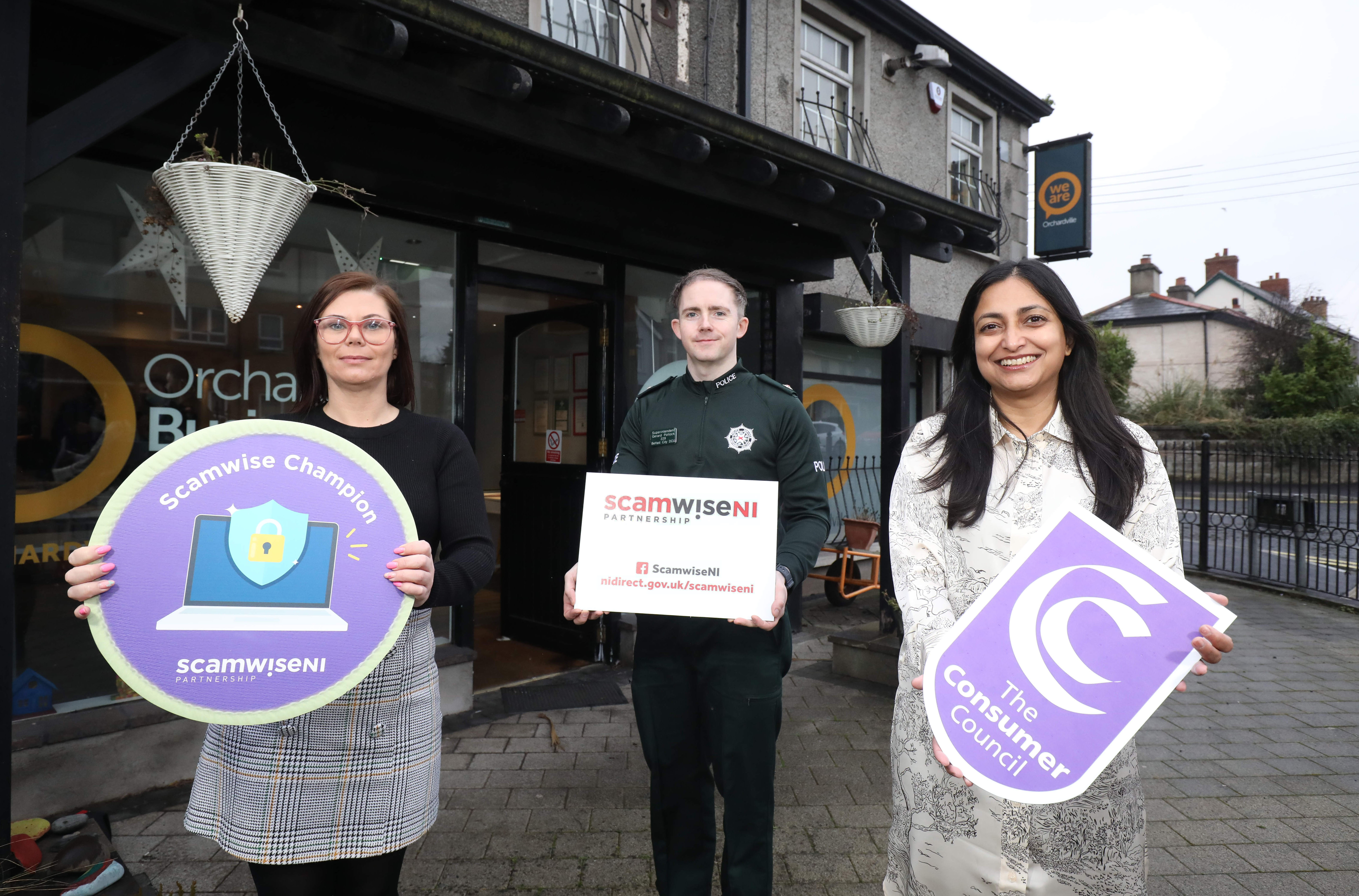 Superintendent Gerard Pollock (PSNI), Noyona Chundur (the Consumer Council) and Laura Jamison (Orchardville Society) officially launch the Scamwise Champion – Easy Read programme at the Orchadrville Society, Bangor. The programme has been designed to help people with learning difficulties to stay safe from scams. 