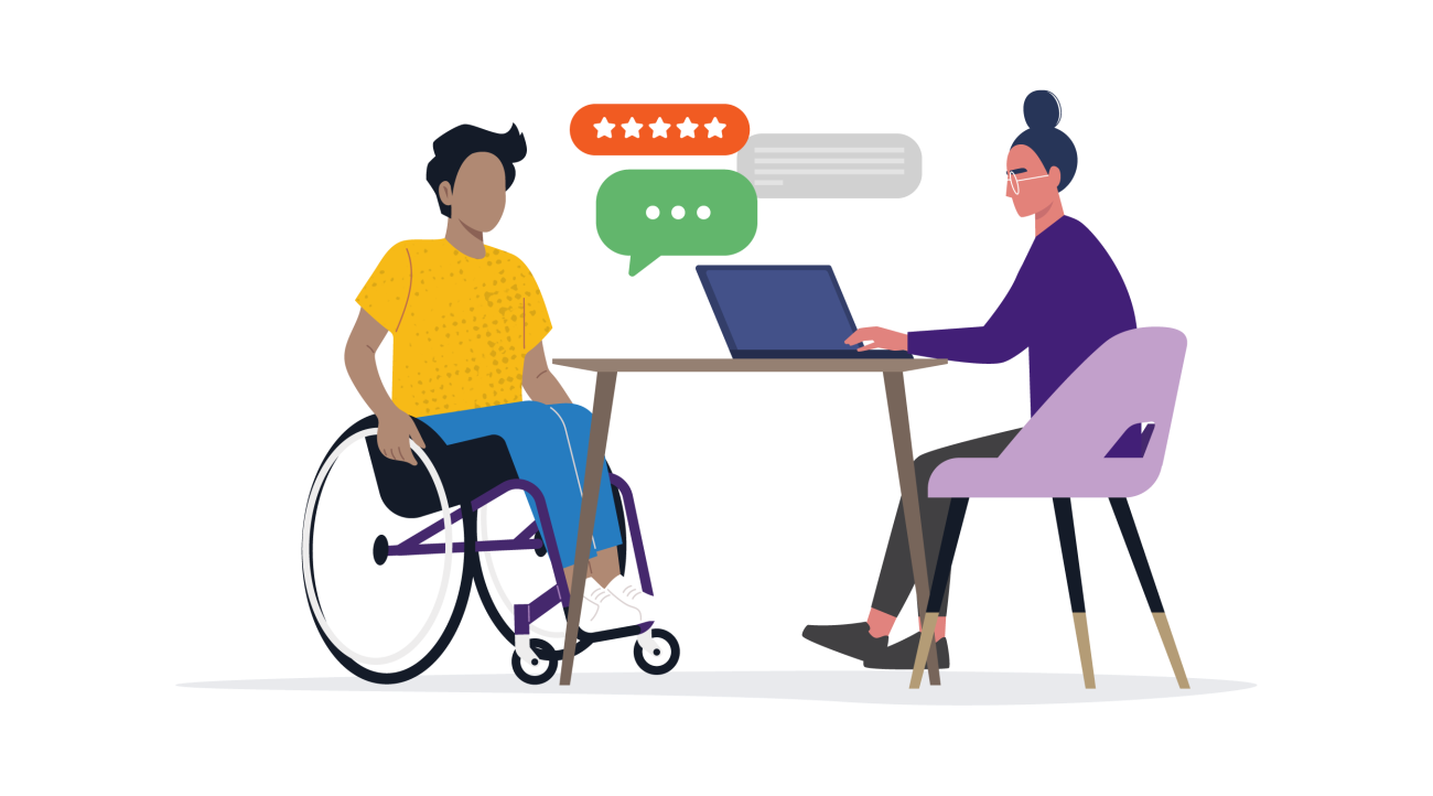 illustration of person in a wheelchair talking to a person sitting at a desk