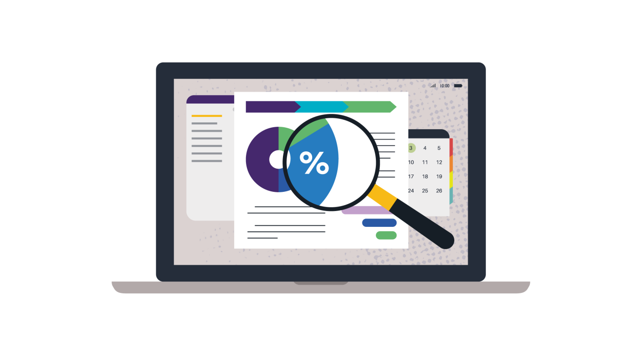 Illustration showing laptop with magnifying glass highlighting percentages on a screen