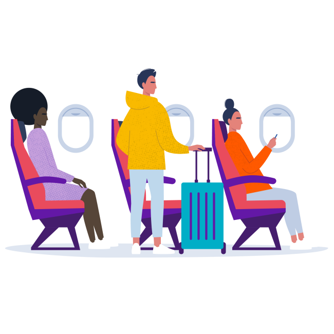 Decorative image of 3 people sitting on an airplane
