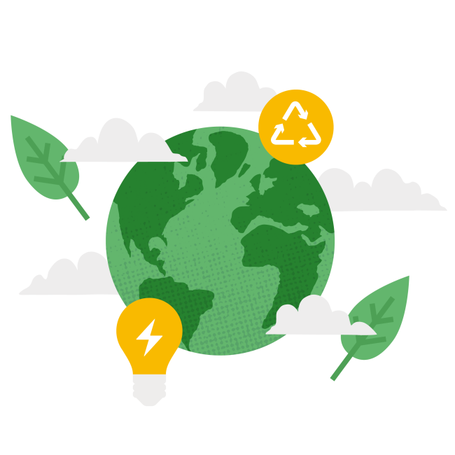 globe with image of green leaves and renewable energy symbols